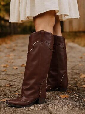Fold Over Knee High Boots Chunky Heel Shoes
